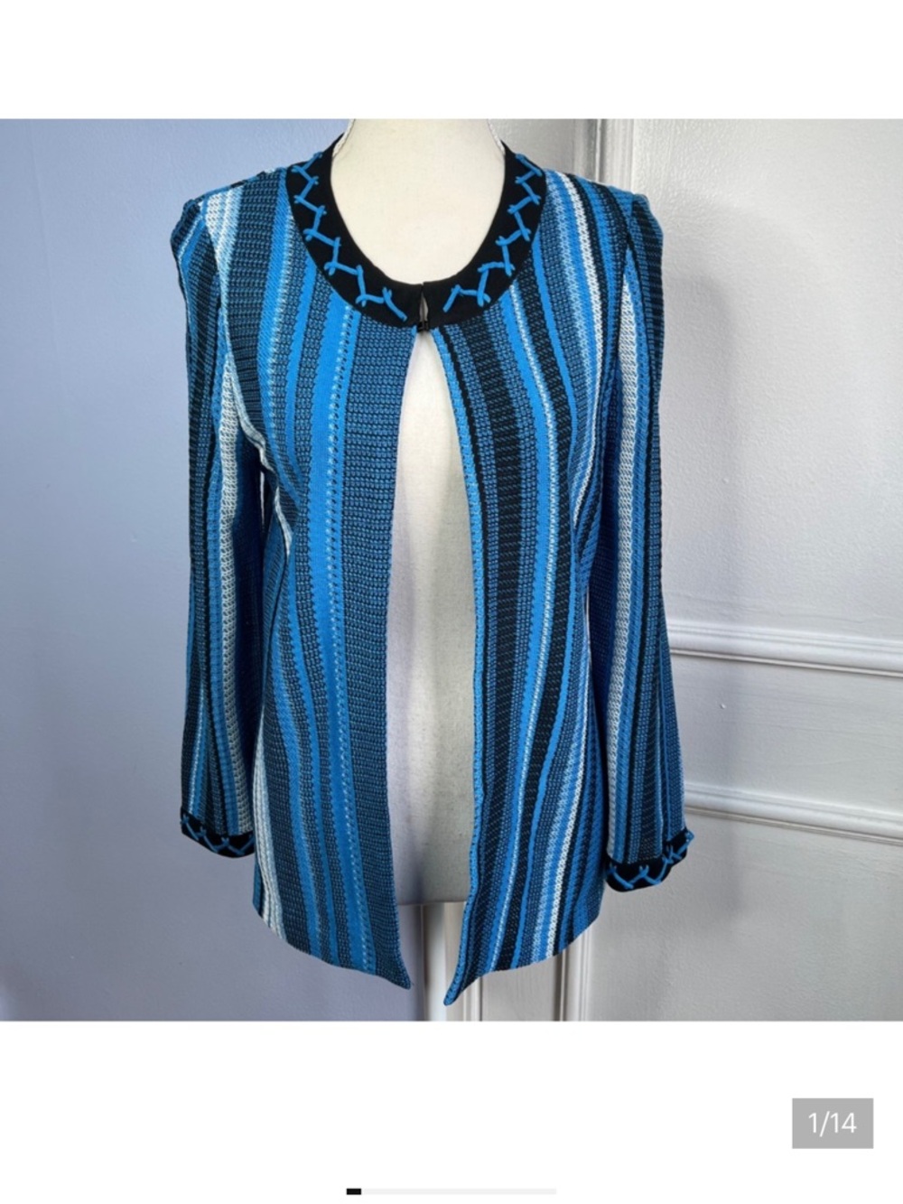 Ming Wang Blue Black White Striped Open Front Cardigan
